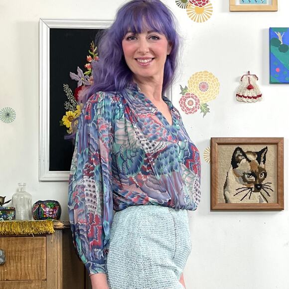 Vintage Bohemian Chiffon Blouse, 1970s Helene Sidel Feather Print Balloon Sleeve - Picture 2 of 10